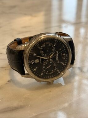 STÜHRLING Stainless Steel Chronograph Watch Black Dial Leather Strap